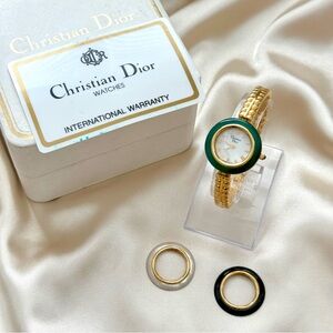 AUTHENTIC RARE VINTAGE DIOR INTERCHANGEABLE BEZEL WATCH - W/ BOX & 3 BEZELS